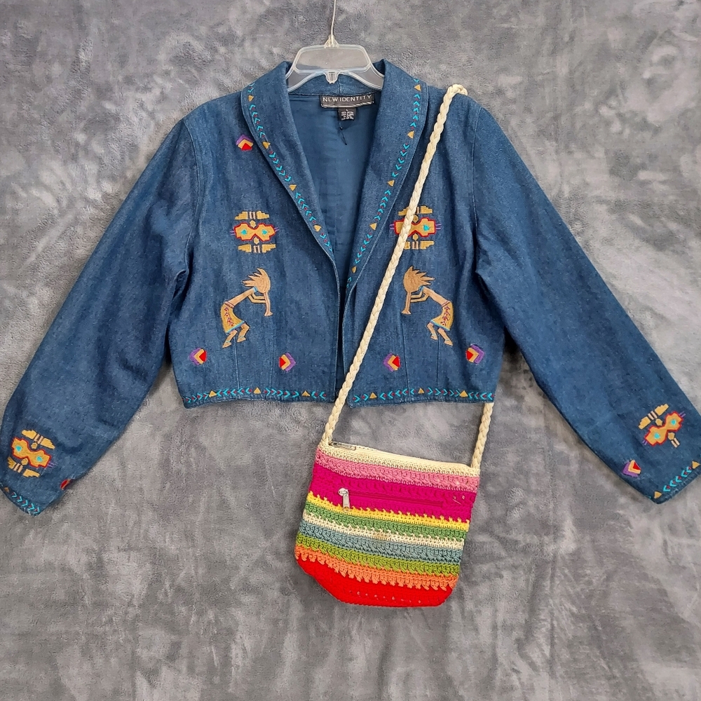 New Identity Cropped Denim Jacket With Embroidery, Women's L, Blue - Picture 3 of 12